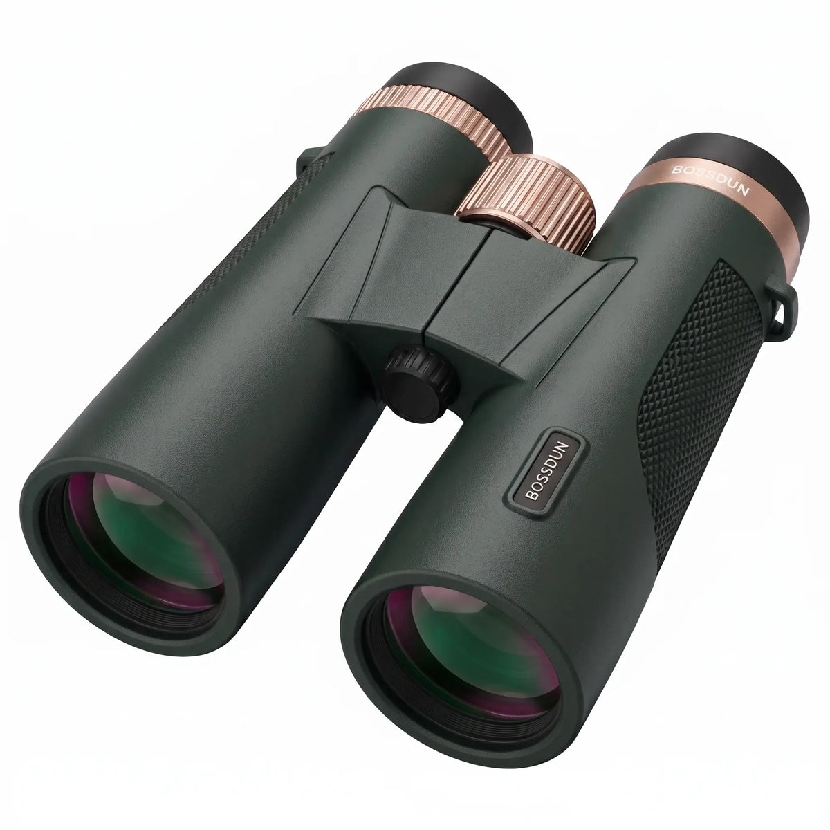 A pair of Bresson Binovair binoculars in dark forest green with rose gold accents on the focusing knobs and eyecups, shown on a clean white background.