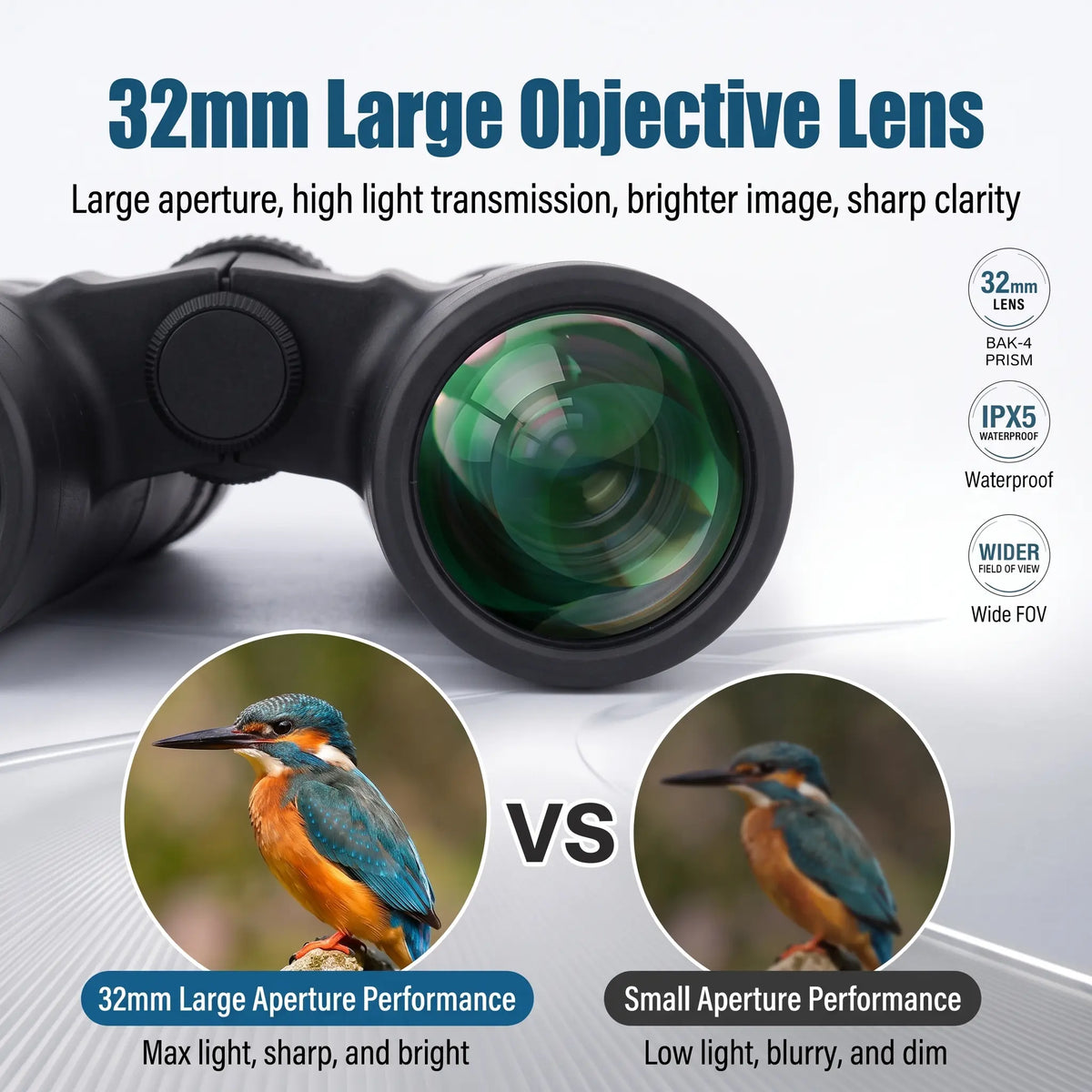 Black binoculars with a large 32mm objective lens, shown on a light gray background with marketing text and comparison circles featuring birds to demonstrate image clarity.