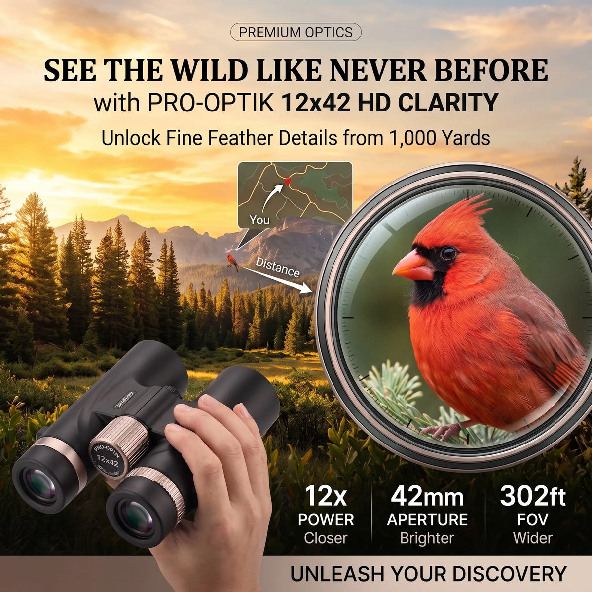 Promotional graphic for PRO-OPTIK 12x42 HD binoculars, showing a hand holding the black binoculars in the foreground, a large circular close-up of a red cardinal in the eyepiece, and marketing text including 'See the wild like never before' and '12x Power Closer, 42mm Aperture Brighter, 302ft FOV Wider.'.