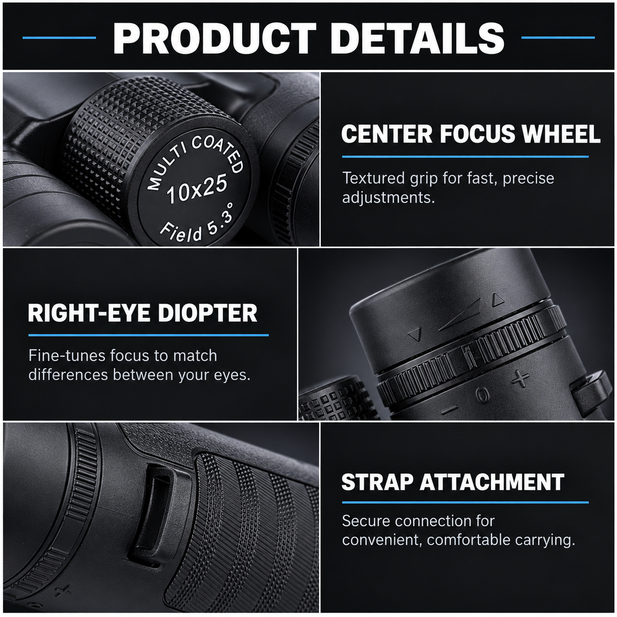 Compact black binoculars held comfortably in one hand