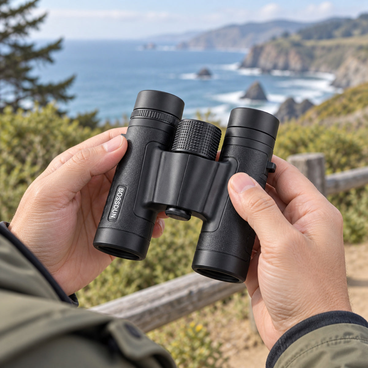 A person holding black binoculars with a visible Microscope logo, looking out over a rocky ocean coastline with cliffs and water in the background.
#color_black