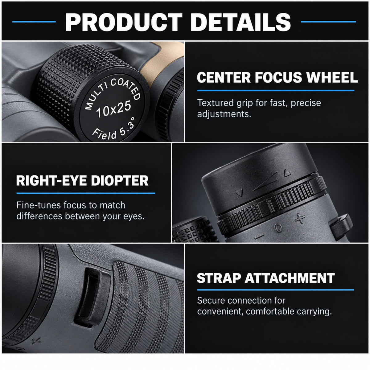 Compact black binoculars held comfortably in one hand