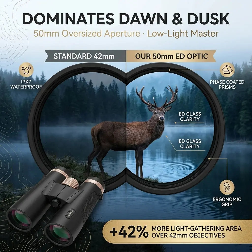 50mm ED Binoculars vs. Standard 42mm. The 50mm lens provides a dramatically brighter, sharper image in low light, revealing intricate details not visible through the smaller optic. The graphic highlights a "+42% MORE LIGHT-GATHERING AREA."
#color_black