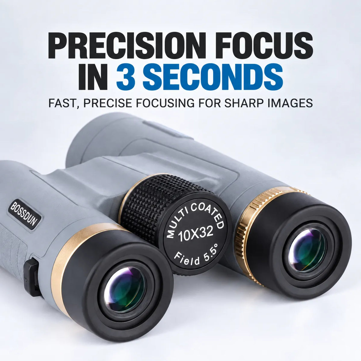 Gray and black BOSSUN binoculars with gold accents, featuring a black textured focus ring and large objective lenses, set against a light gray background with promotional text reading 'PRECISION FOCUS IN 3 SECONDS'.