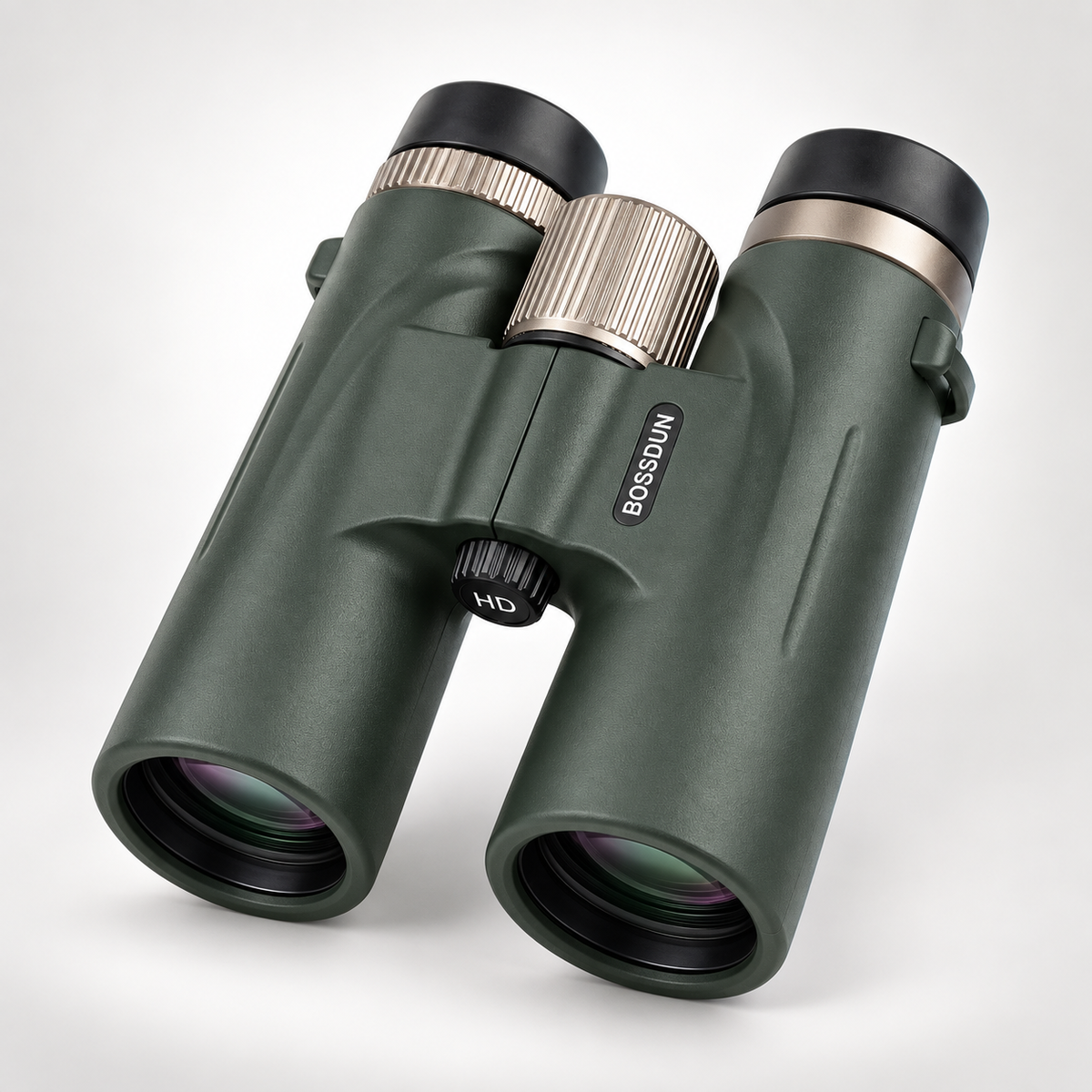 BOSSDAWN HD binoculars in dark forest green with black and silver accents, shown on a light gray background.