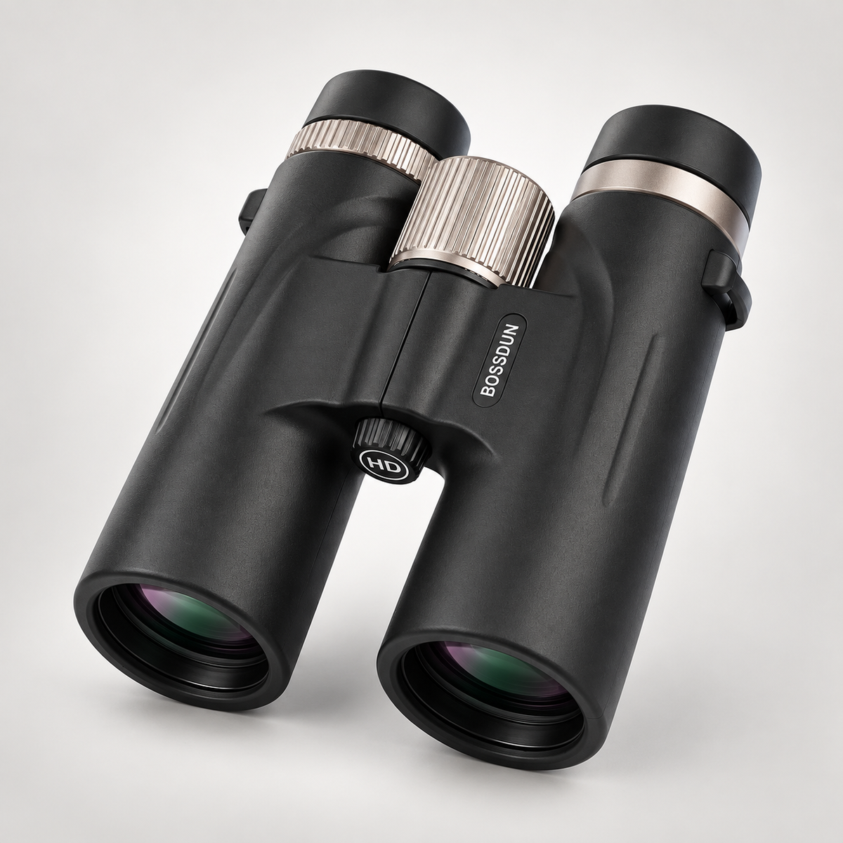 Black BOSS301 binoculars with silver accents and a textured central focus wheel, photographed on a light gray background.