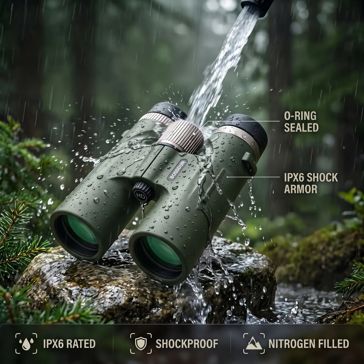 Olive green binoculars with water running over them in a forest setting, featuring text callouts for 'O-RING SEALED', 'IPX6 SHOCK ARMOR', and feature badges at the bottom.