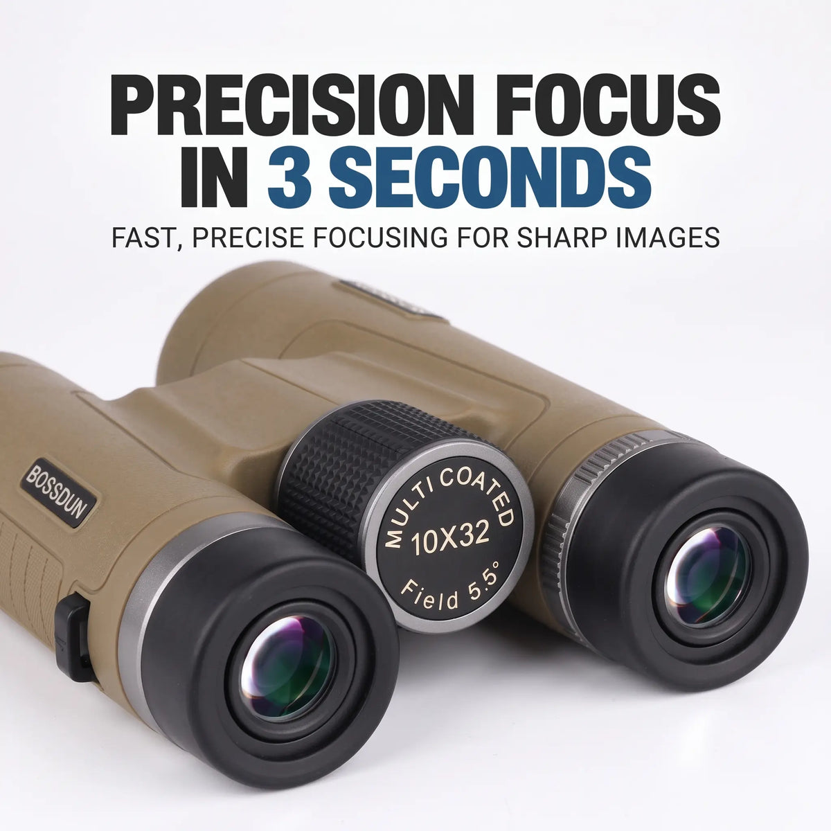 Rossion 10x32 binoculars in tan and black, with promotional text above reading 'PRECISION FOCUS IN 3 SECONDS'.
