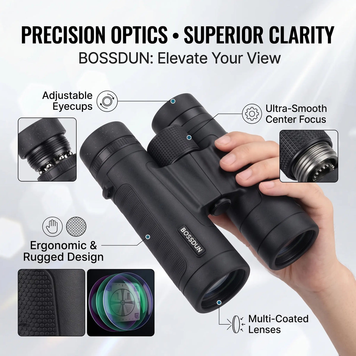 Black BOSSDUN binoculars held by a hand, with feature callout graphics and text highlighting adjustable eyecups, ultra-smooth center focus, ergonomic rugged design, and multi-coated lenses on a light gray background.