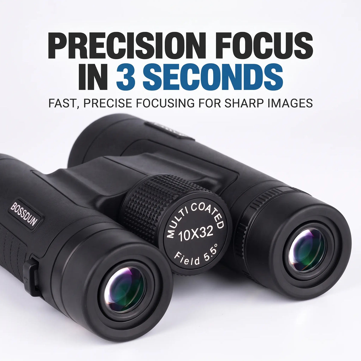 Black BOSSUN binoculars with a textured focus ring, shown on a white background with promotional text reading 'PRECISION FOCUS IN 3
SECONDS'.