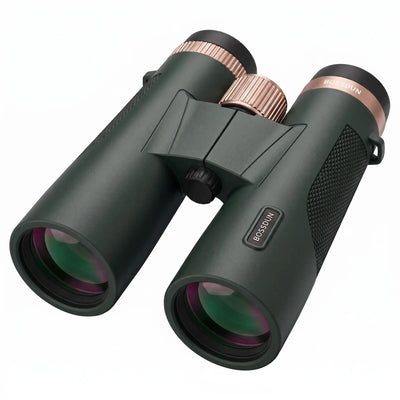 A pair of Bresson Binovair binoculars in dark forest green with rose gold accents on the focusing knobs and eyecups, shown on a clean white background.

