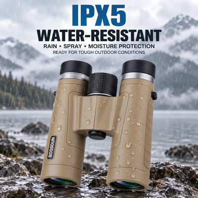Tan and black BOSSRUN binoculars with water droplets, shown outdoors on wet rocks with a mountain lake background and text reading 'IPX5 WATER-RESISTANT'.

