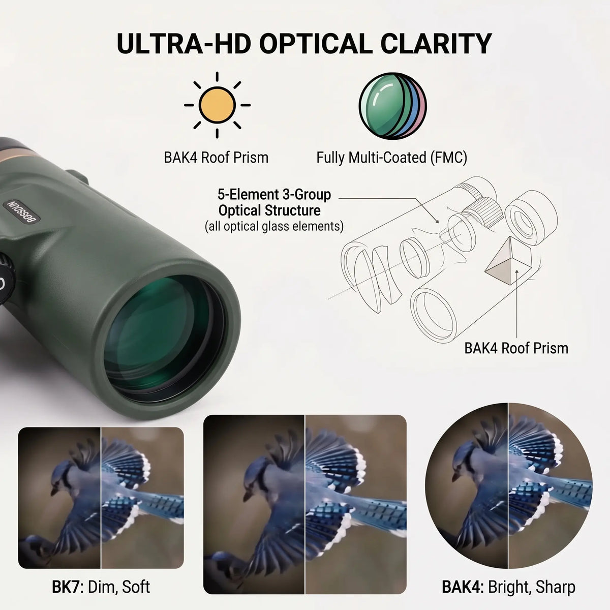 A green binocular scope shown on a light background with marketing text and diagrams explaining optical clarity features, plus three small before-and-after bird-photo examples labeled BK7 and BAK4.
