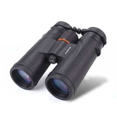black binoculars with a textured grip, an orange accent ring, and a carrying strap, shown on a white background.
