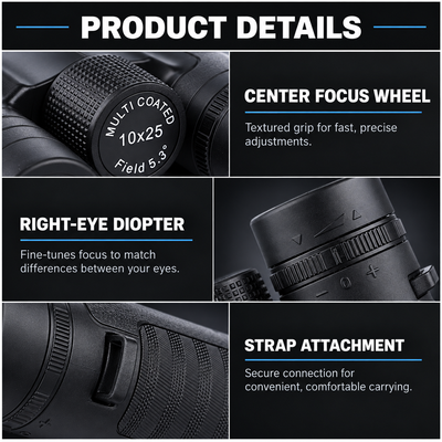 Compact black binoculars held comfortably in one hand 