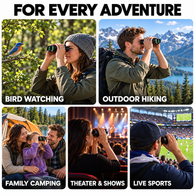 Black compact binoculars for birdwatching, travel, sports and concerts 