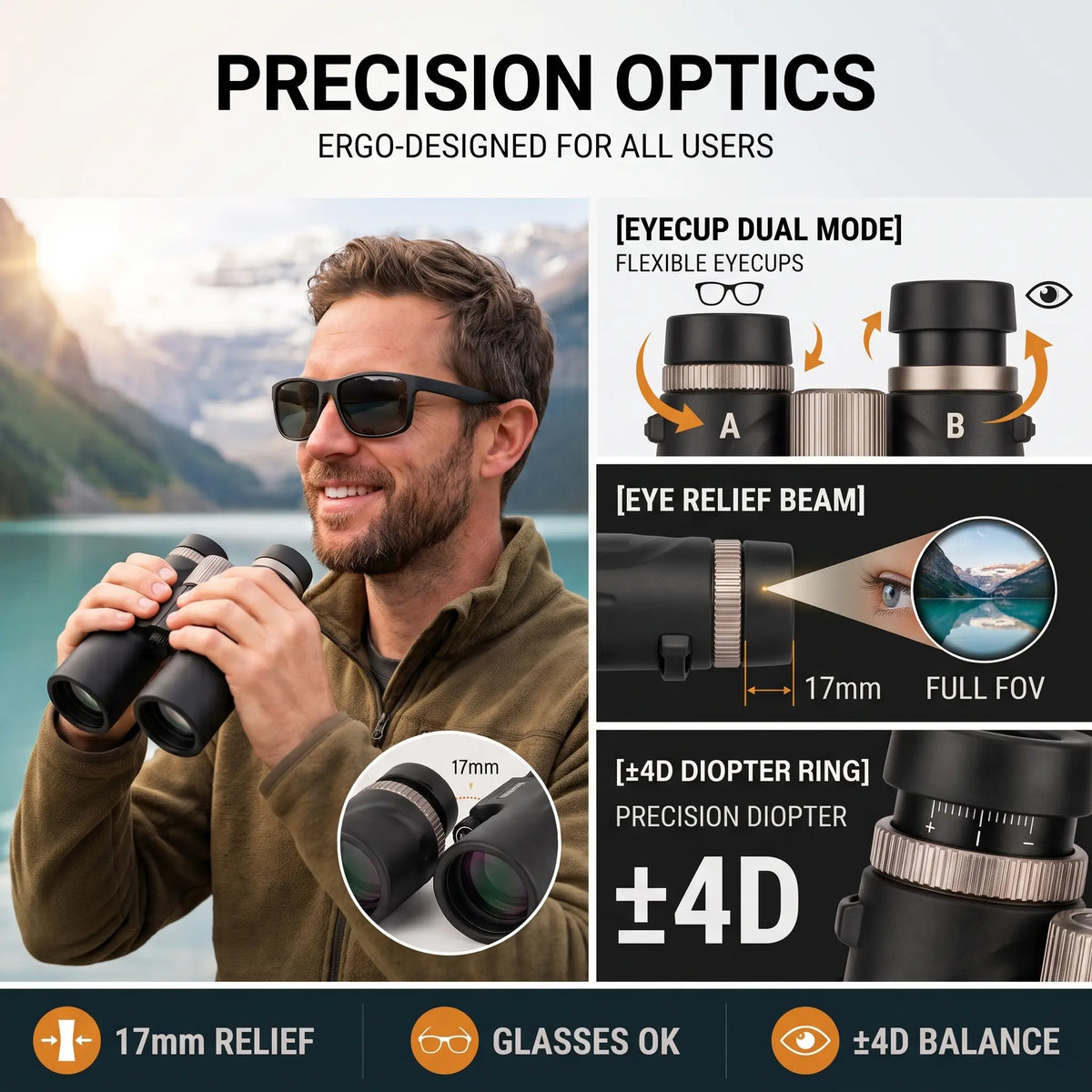Promotional graphic for precision binoculars with a man wearing sunglasses and holding binoculars in front of a mountain lake. The right side shows feature callouts: dual-mode eyecup, 17mm eye relief beam, ±4D diopter ring, and 17mm relief icons.
