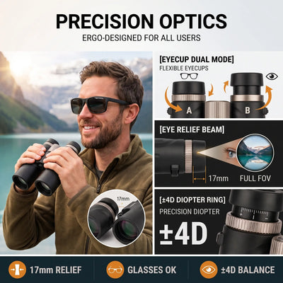 Promotional graphic for precision binoculars with a man wearing sunglasses and holding binoculars in front of a mountain lake. The right side shows feature callouts: dual-mode eyecup, 17mm eye relief beam, ±4D diopter ring, and 17mm relief icons.
