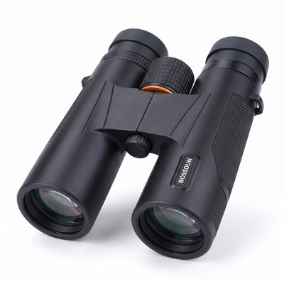 Black BOSSUN binoculars with textured rubberized grips and an orange accent ring, shown on a clean white background.

