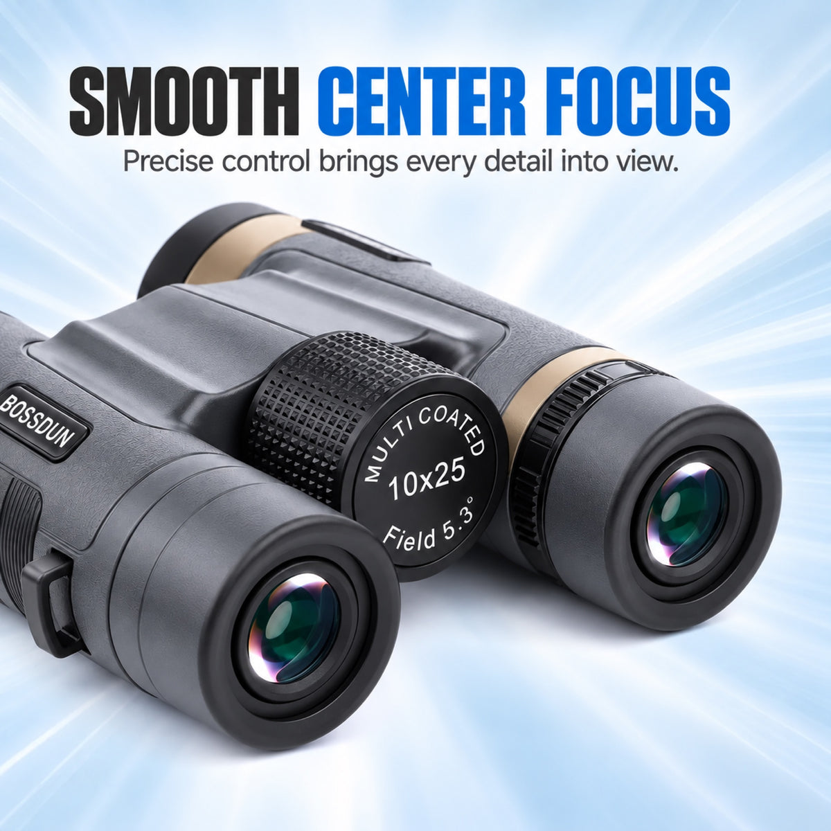 Grey 10x25 binoculars with smooth centre focus wheel 