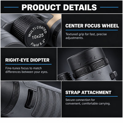Compact black binoculars held comfortably in one hand 