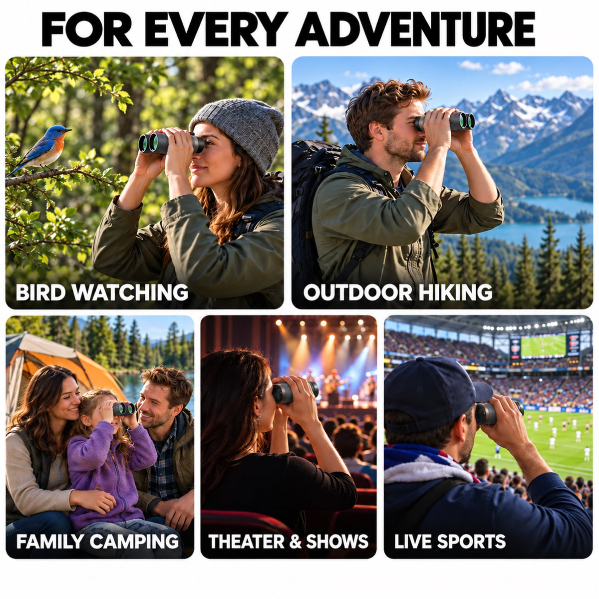 Grey compact binoculars for birdwatching, travel, sports and concerts 