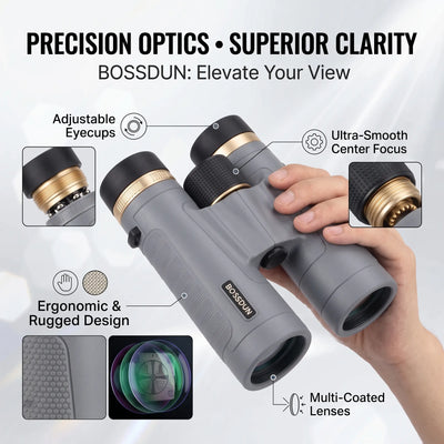 Gray BOSSDUN binoculars with gold accents, held by a hand against a light gray background with feature callouts and inset detail images.
