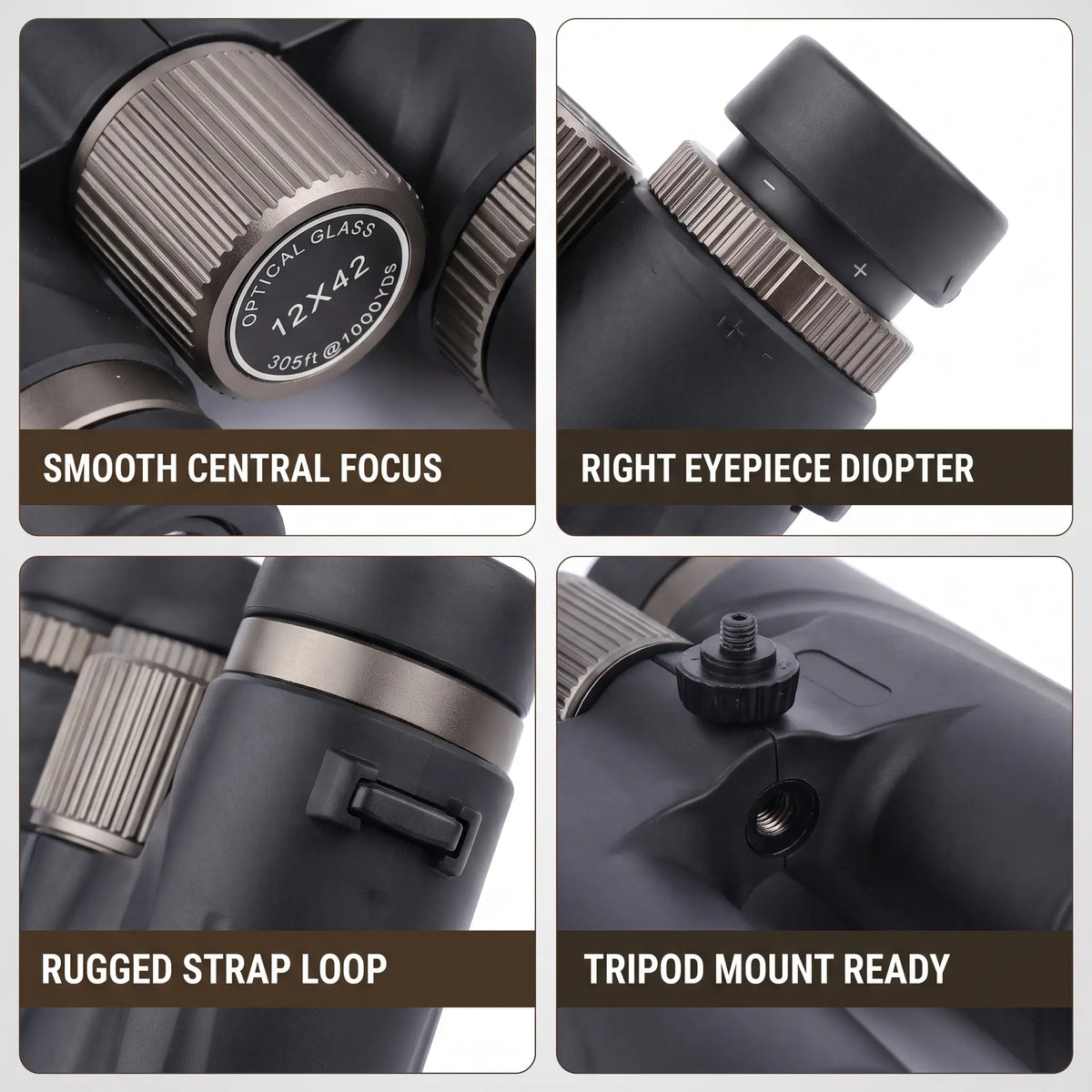 Four-panel close-up feature collage of a black binocular scope on a white background, with text labels reading 'SMOOTH CENTRAL FOCUS,' 'RIGHT EYEPIECE DIOPTER,' 'RUGGED STRAP LOOP,' and 'TRIPOD MOUNT READY.'.
