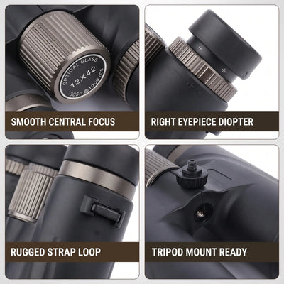 Four-panel close-up feature collage of a black binocular scope on a white background, with text labels reading 'SMOOTH CENTRAL FOCUS,' 'RIGHT EYEPIECE DIOPTER,' 'RUGGED STRAP LOOP,' and 'TRIPOD MOUNT READY.'.
