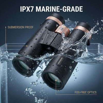 Here are a few simple English bullet points describing the selling points shown in the picture:
IPX7 Marine-Grade Waterproof:** Can be fully submerged in water.
Submersion Proof:** Resists water damage even when dunked.
Fog-Free Optics:** Clear viewing in humid or wet conditions.
Premium Design:** Sleek black finish with elegant rose gold accents.
Durable Build:** Built to withstand harsh outdoor environments.
