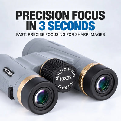 Gray and black BOSSUN binoculars with gold accents, featuring a black textured focus ring and large objective lenses, set against a light gray background with promotional text reading 'PRECISION FOCUS IN 3 SECONDS'.
