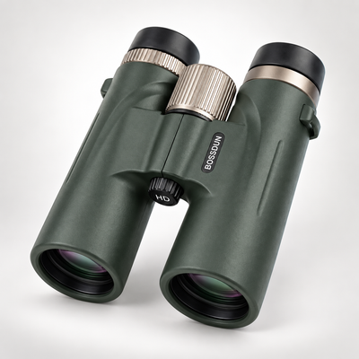 BOSSDAWN HD binoculars in dark forest green with black and silver accents, shown on a light gray background.
