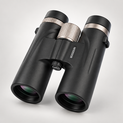 Black BOSS301 binoculars with silver accents and a textured central focus wheel, photographed on a light gray background.
