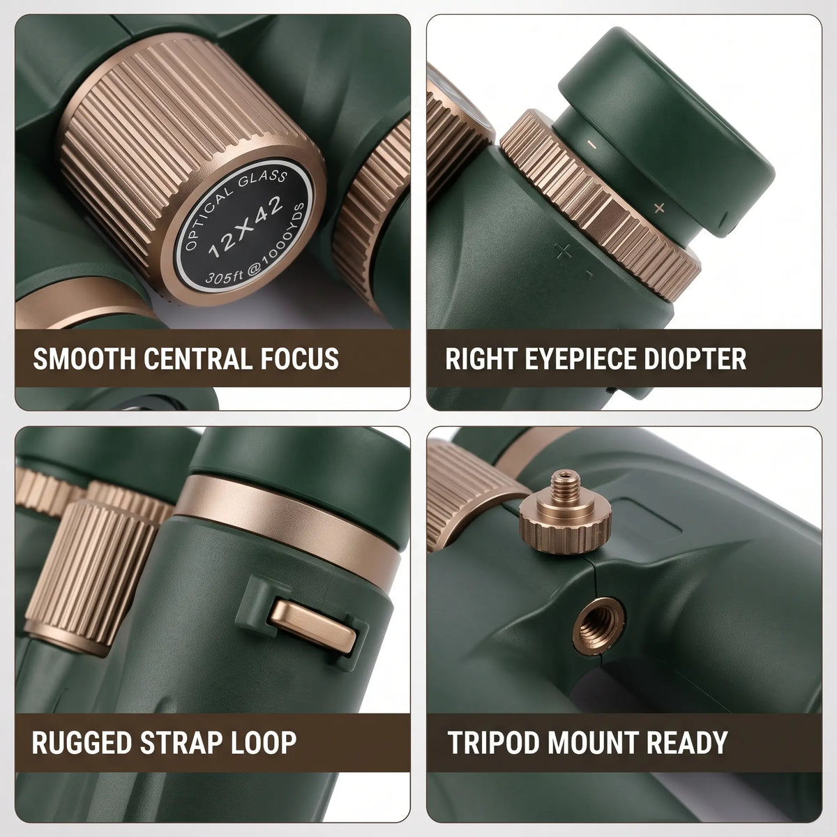 Four-panel close-up collage of a green binocular product showing feature details: smooth central focus, right eyepiece diopter, rugged strap loop, and tripod mount ready, with text labels beneath each view.
