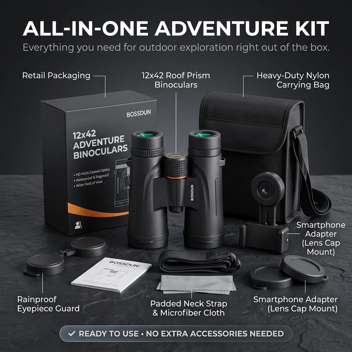 BOSSUN 12x42 Adventure Binoculars kit displayed with its retail packaging, black carrying case, smartphone adapters, rainproof eyepiece guard, neck strap, microfiber cloth, and lens caps on a dark textured background.
