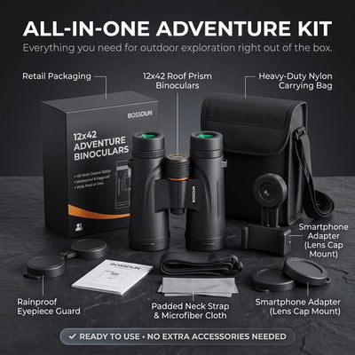 BOSSUN 12x42 Adventure Binoculars kit displayed with its retail packaging, black carrying case, smartphone adapters, rainproof eyepiece guard, neck strap, microfiber cloth, and lens caps on a dark textured background.

