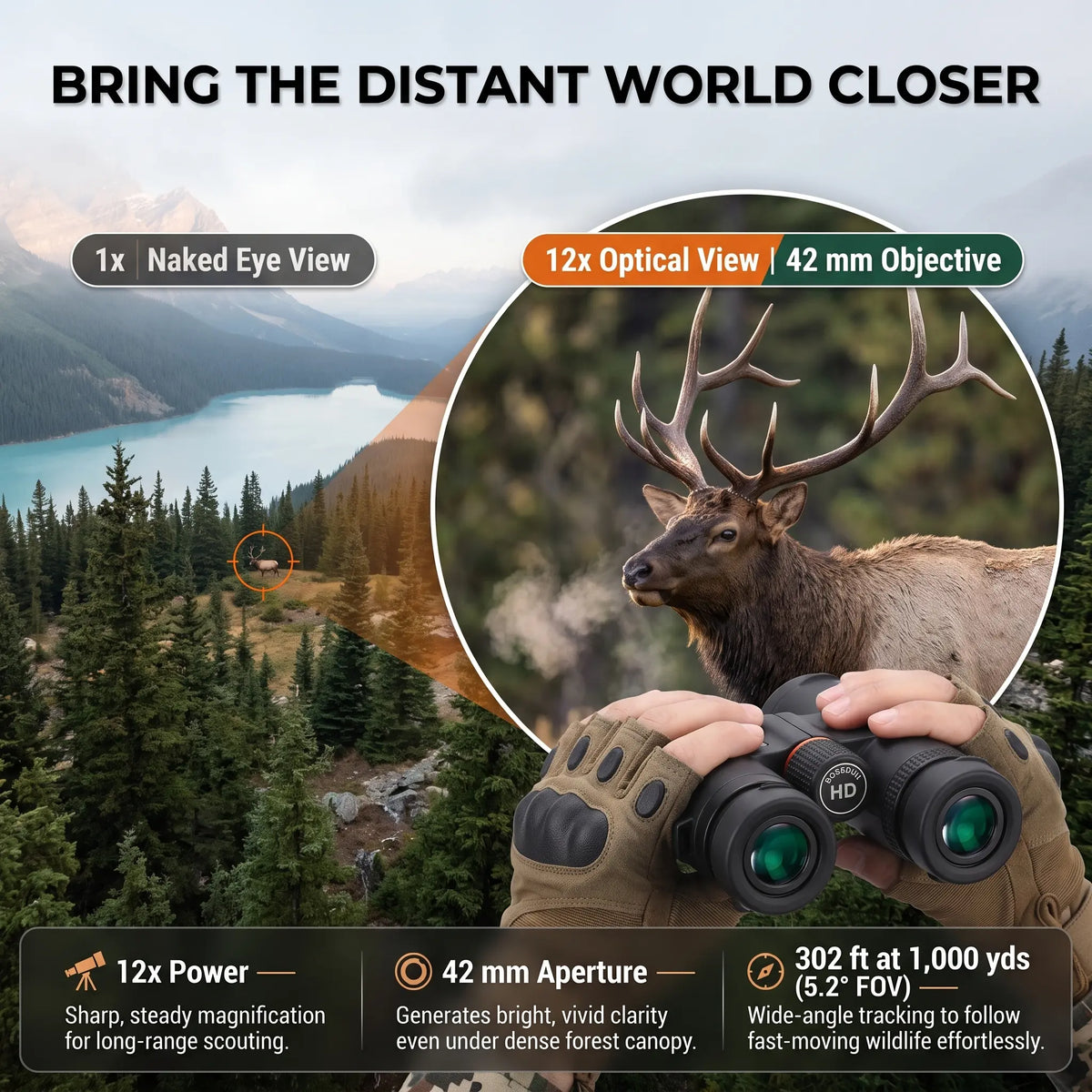 Hunting binoculars product graphic with a large scenic landscape background, an inset circular close-up of a deer seen through the binoculars, and feature callouts including 1x naked eye view, 12x optical view with 42 mm objective, 12x power, 42 mm aperture, and 302 ft at 1,000 yds 5.2x FOV.
#color_black