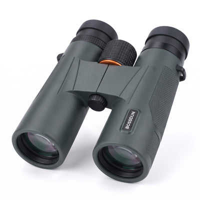 A pair of BOSSUN binoculars in dark green and black, featuring a textured grip and an orange accent ring around the central focus wheel, shown on a white background.
