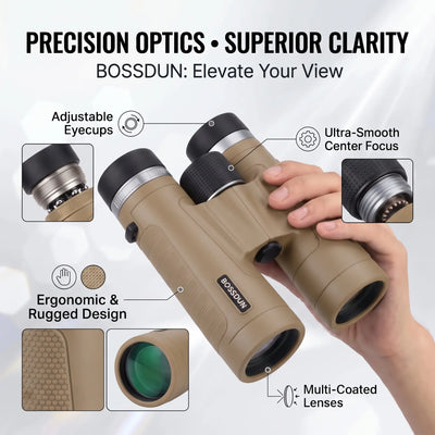 A pair of BOSSDUN binoculars in tan and black, held by a hand against a light gray background with feature callout graphics and text highlighting adjustable eyecups, ultra-smooth center focus, ergonomic rugged design, and multi-coated lenses.
