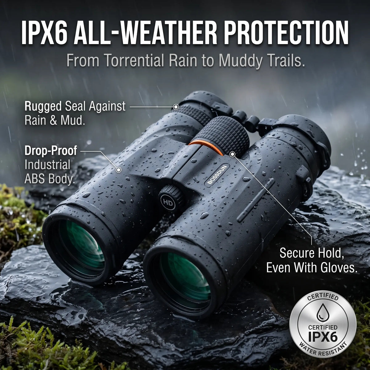Black waterproof binoculars covered in raindrops, resting on wet rocks outdoors with overlaid marketing text about IPX6 all-weather protection and a certified IPX6 water resistance badge.
#color_black