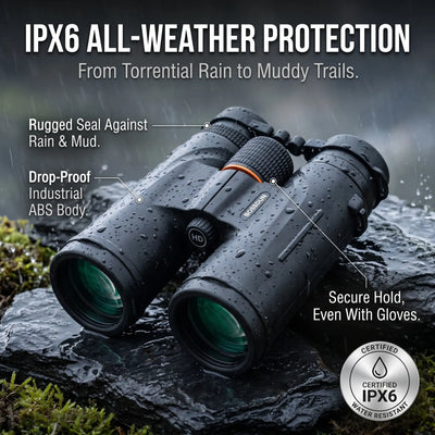 Black waterproof binoculars covered in raindrops, resting on wet rocks outdoors with overlaid marketing text about IPX6 all-weather protection and a certified IPX6 water resistance badge.
