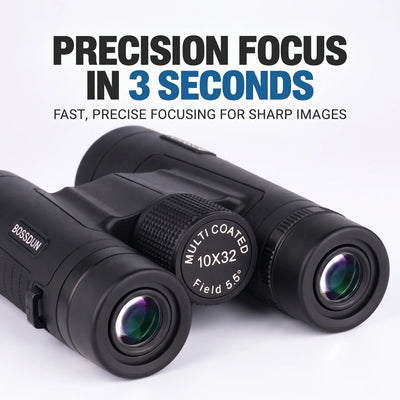 Black BOSSUN binoculars with a textured focus ring, shown on a white background with promotional text reading 'PRECISION FOCUS IN 3 
SECONDS'.
