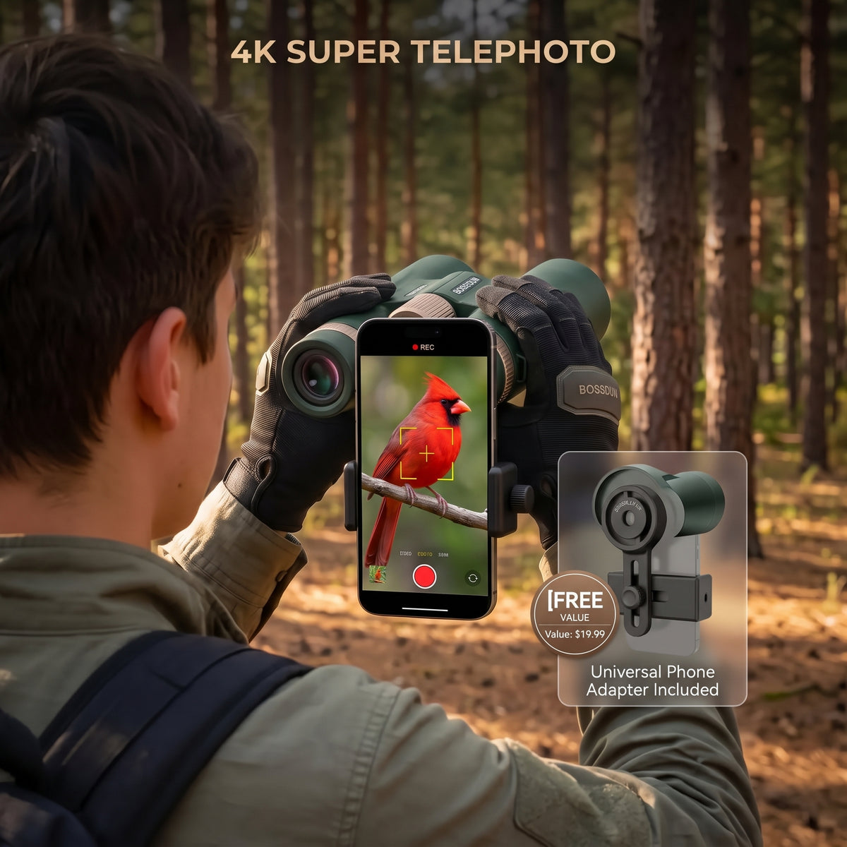 A man in a forest wearing binoculars attached to a smartphone with a phone mount, with a cardinal visible on the phone screen. Text at the top reads '4K SUPER TELEPHOTO' and a badge at the bottom right says 'IF FREE adapter value $19.
