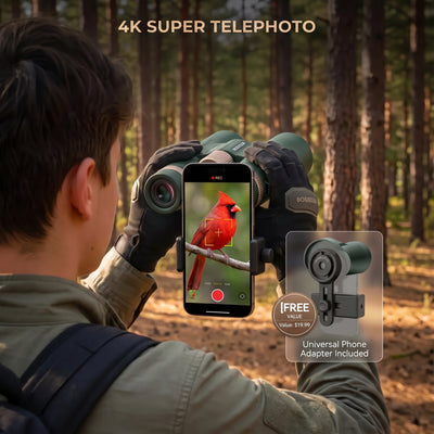 A man in a forest wearing binoculars attached to a smartphone with a phone mount, with a cardinal visible on the phone screen. Text at the top reads '4K SUPER TELEPHOTO' and a badge at the bottom right says 'IF FREE adapter value $19.
