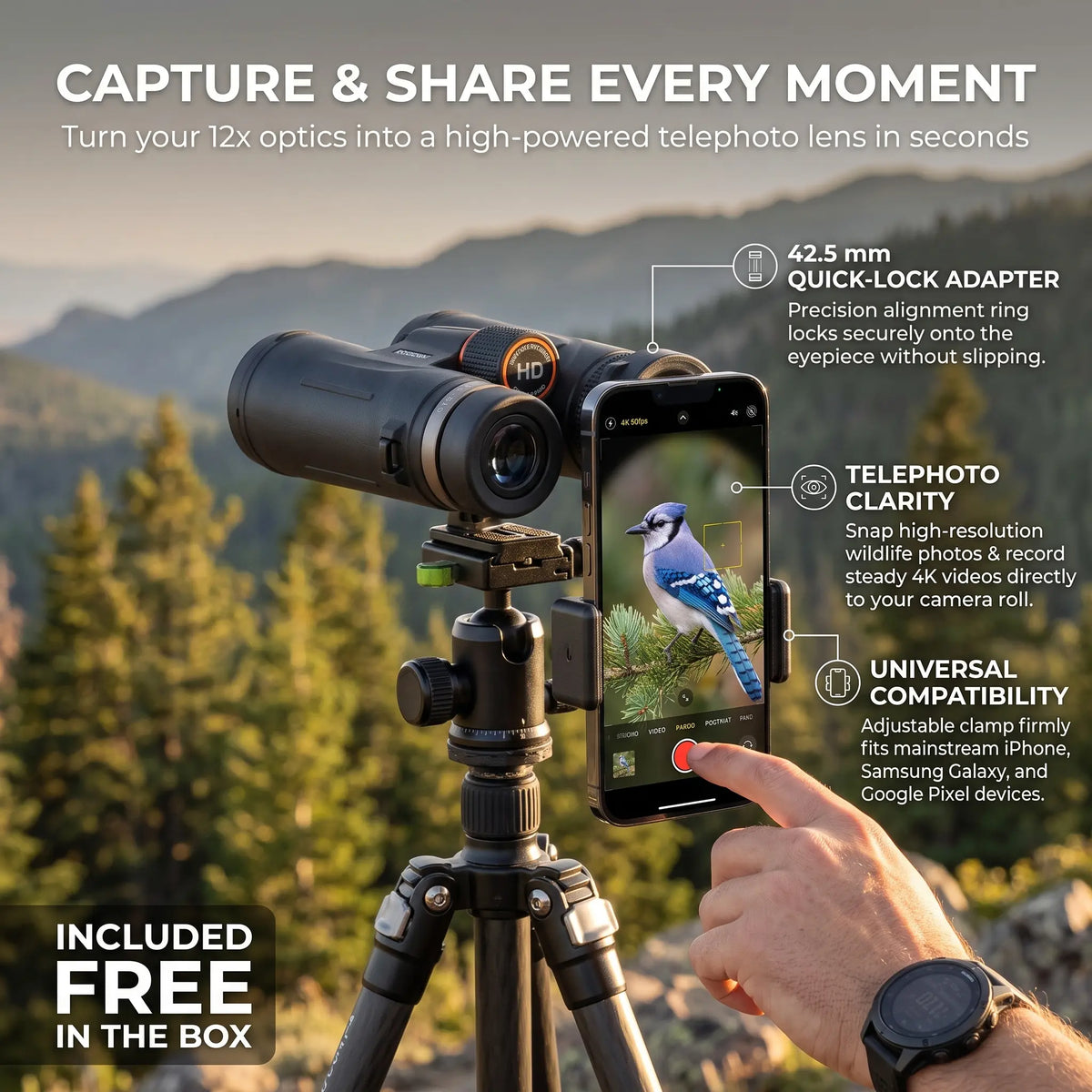 A black and silver telephoto lens with a quick-lock adapter mounted on a tripod, shown outdoors against a blurred mountain background. A smartphone is clipped to the tripod to demonstrate screen viewing, with callout text highlighting features like 42.
