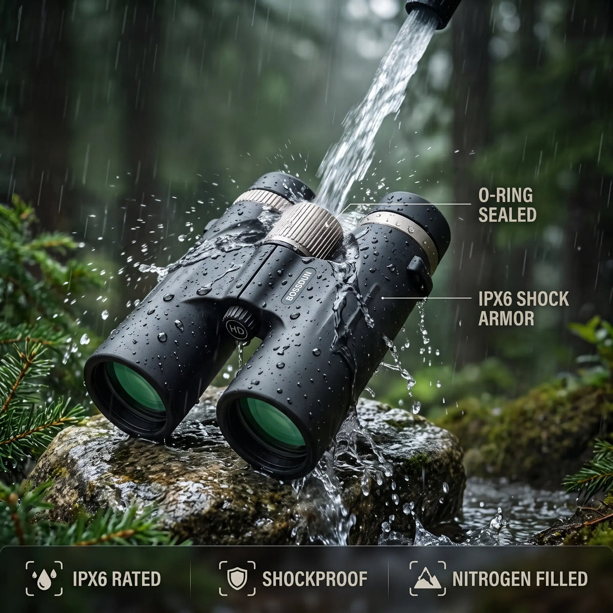Black waterproof binoculars with green lenses shown outdoors on a rock in the rain, with water being poured over them and callout labels reading 'O-RING SEALED', 'IPX6 SHOCK ARMOR', 'IPX6 RATED', 'SHOCKPROOF', and 'NITROGEN FILLED'.
